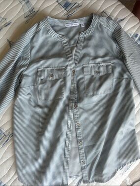Notations Blue & White Vertical Stripe Button-Up Blouse